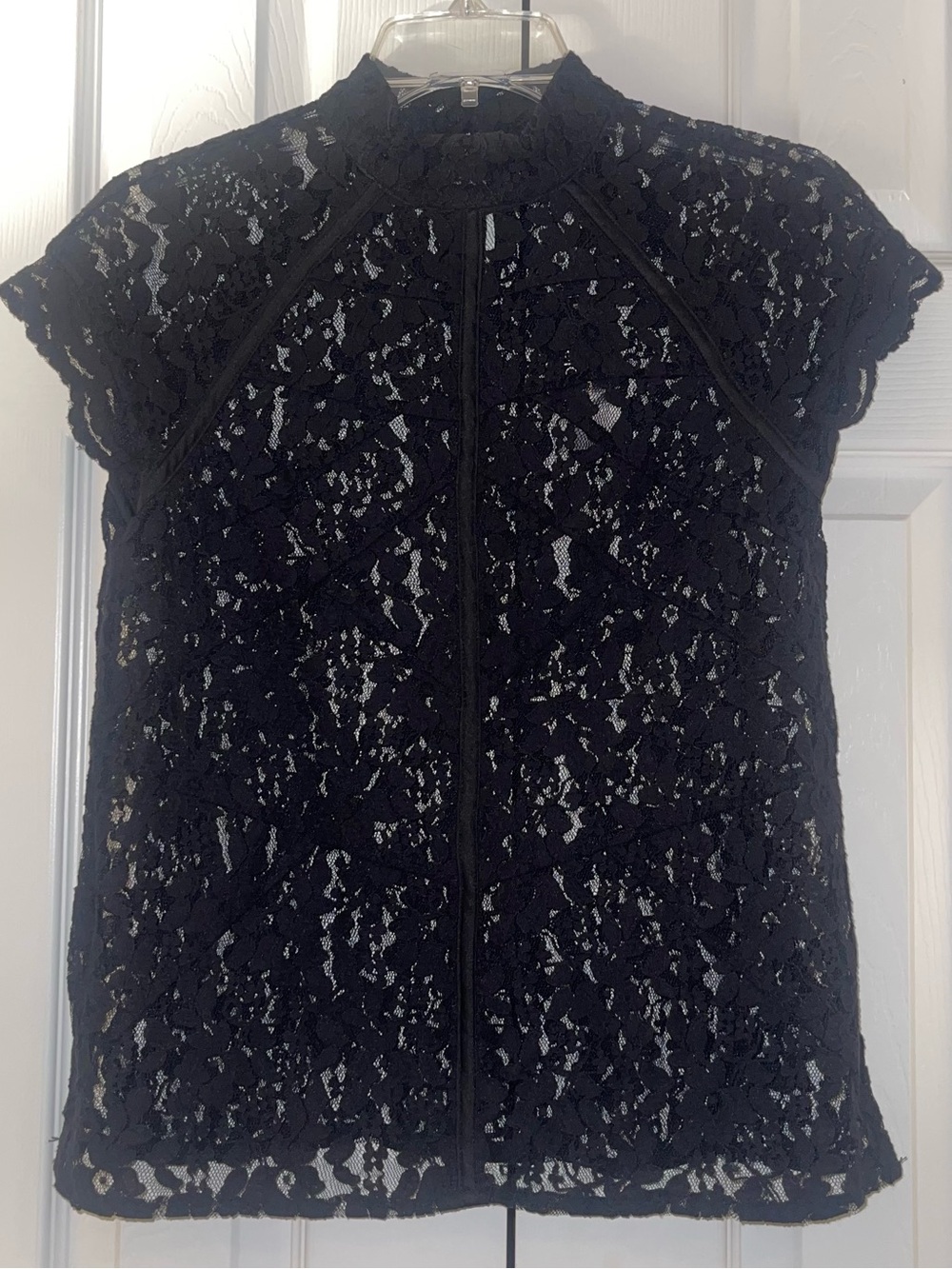 Black Lace Cap-Sleeve Mock Neck Top